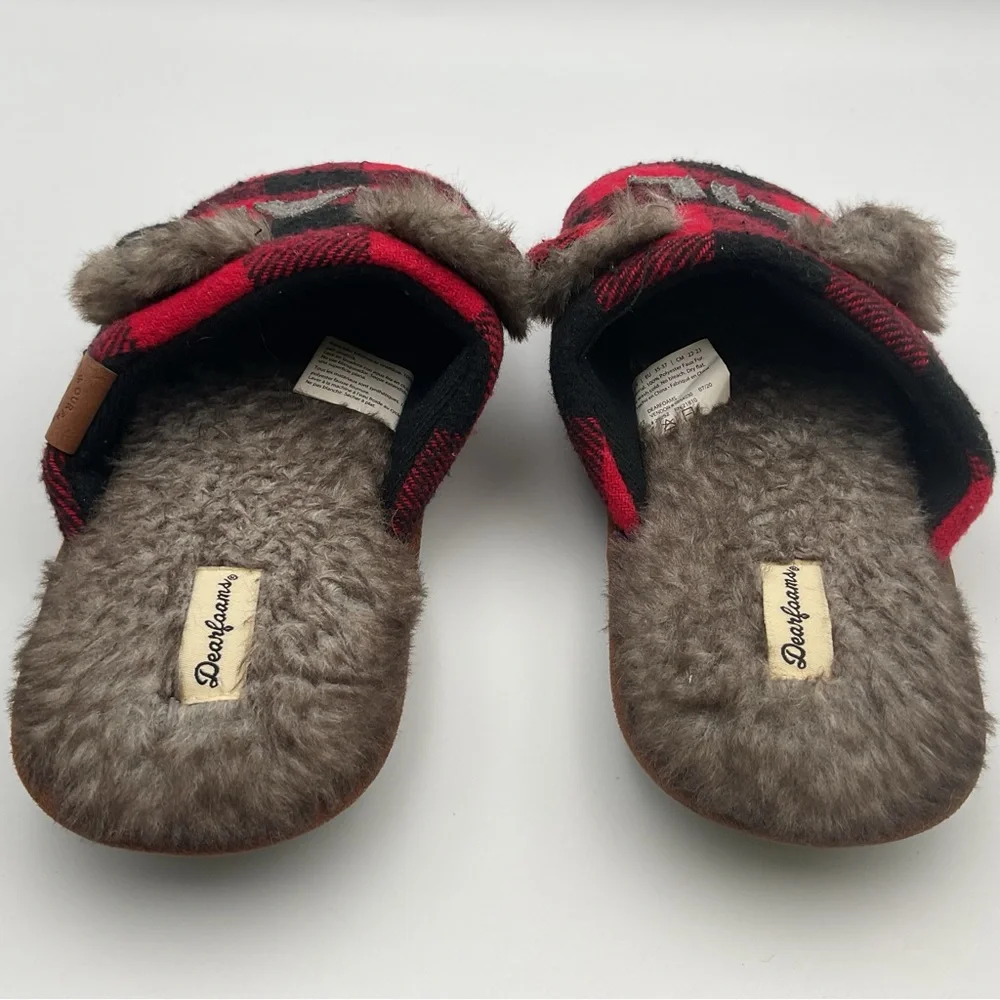 Dear Foams Slippers Youth 4-5 Womens 5.5 Buffalo Check Lil Bear Mule Flats Red